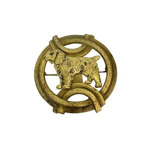 Vintage Art Deco Spaniel Dog Brooch Pin 1940s-50s Brass Circle 2 Inch
